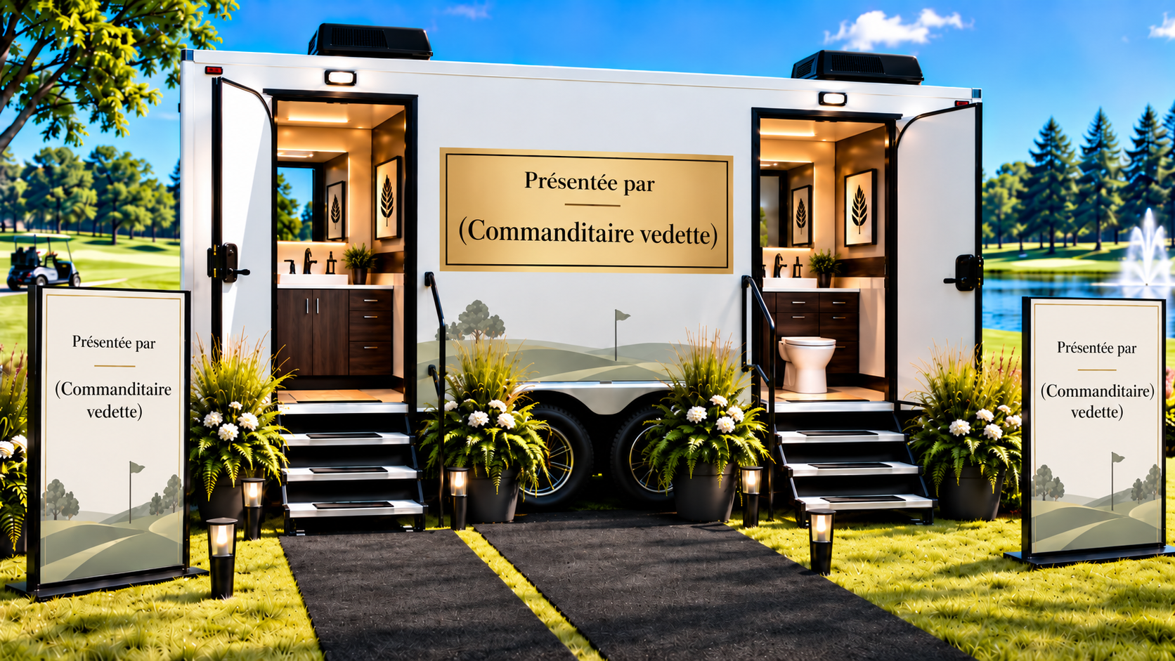 Exemple de visibilité commanditaire sur une loge sanitaire lors d’un tournoi de golf